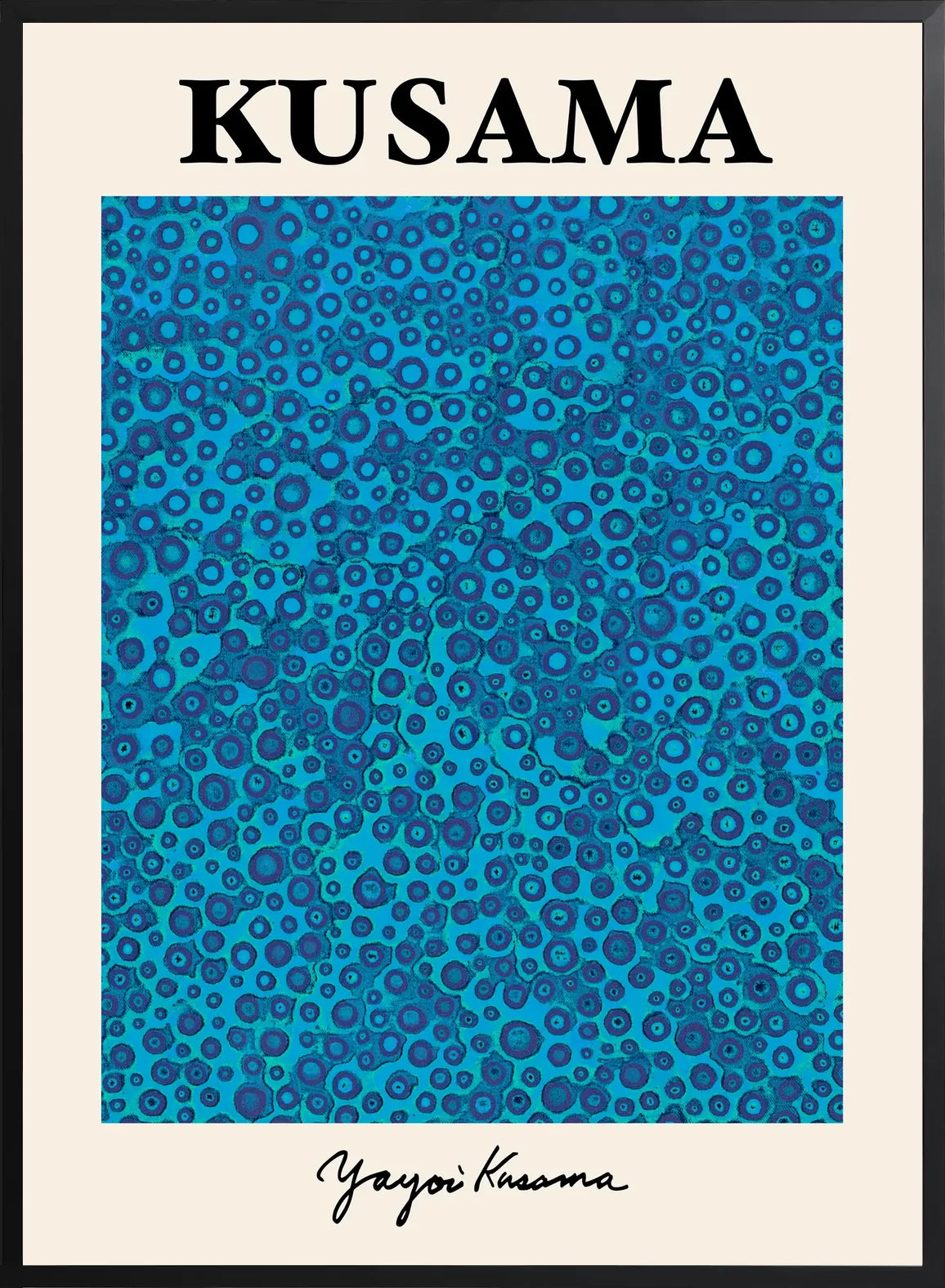 Encadrement noir mat autour de pois bleus de Kusama