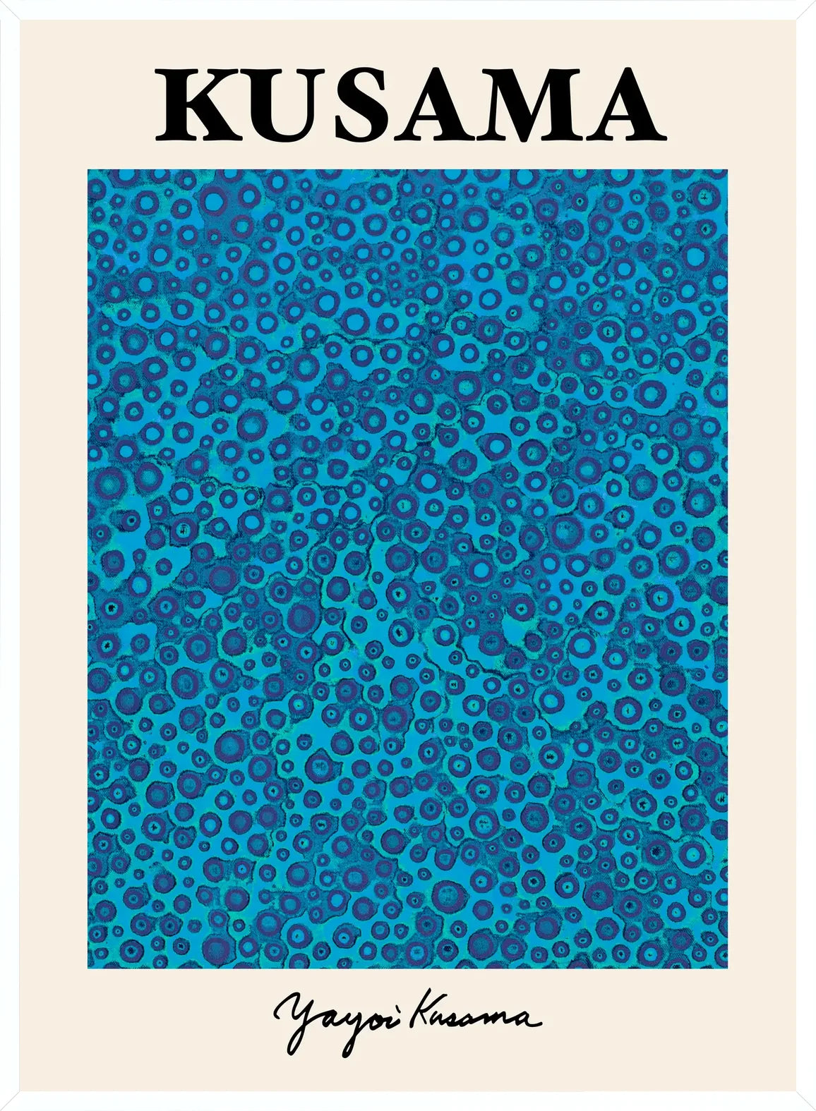 Cadre blanc epure presentant l'affiche pois bleus de Kusama