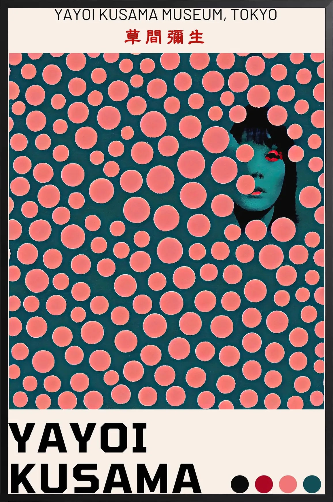 Encadrement noir mat autour de pois corail de Kusama