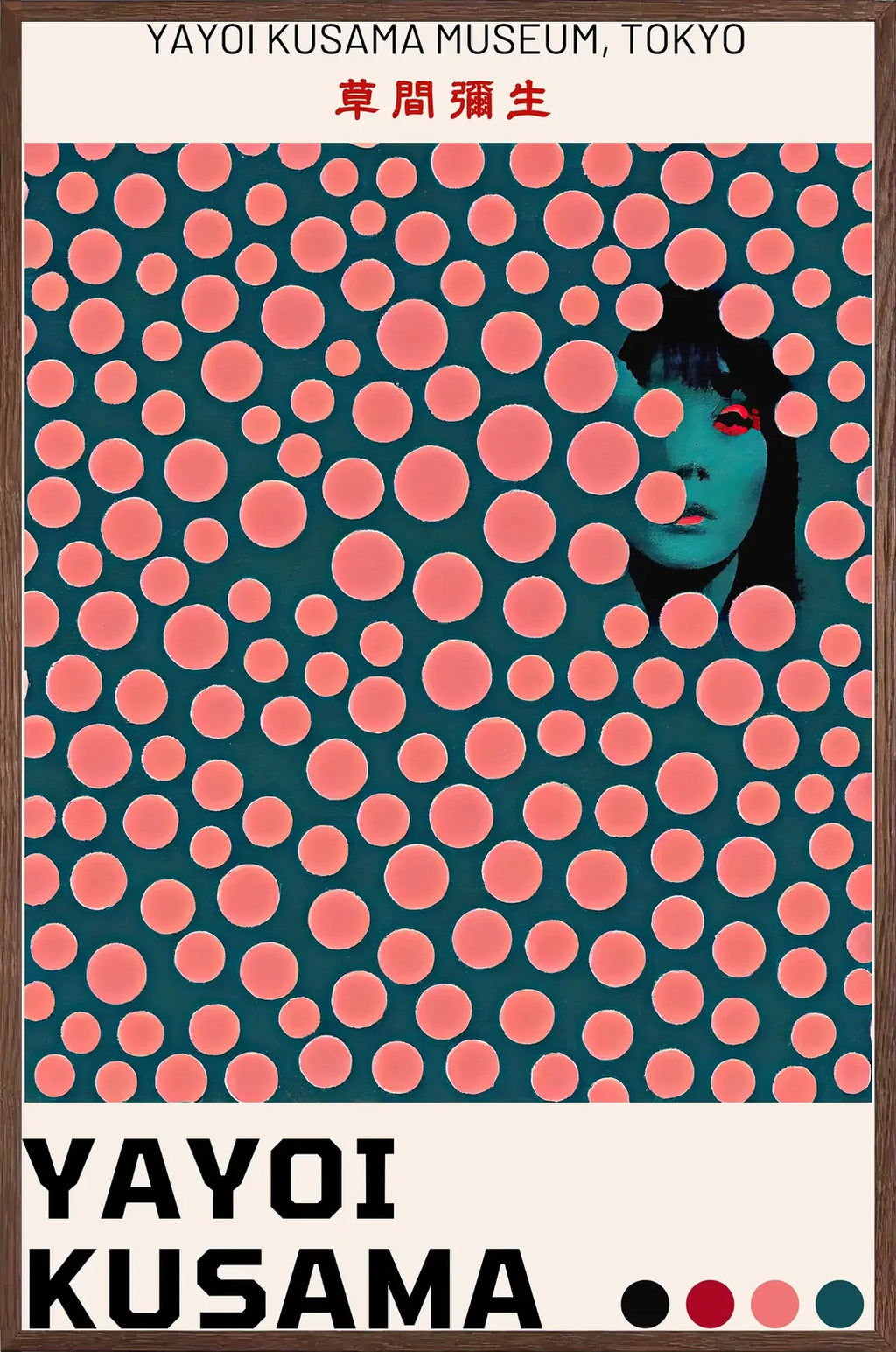 Cadre chene clair entourant l'affiche pois corail de Kusama