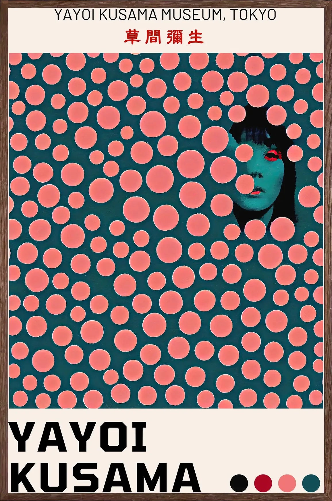 Cadre chene clair entourant l'affiche pois corail de Kusama