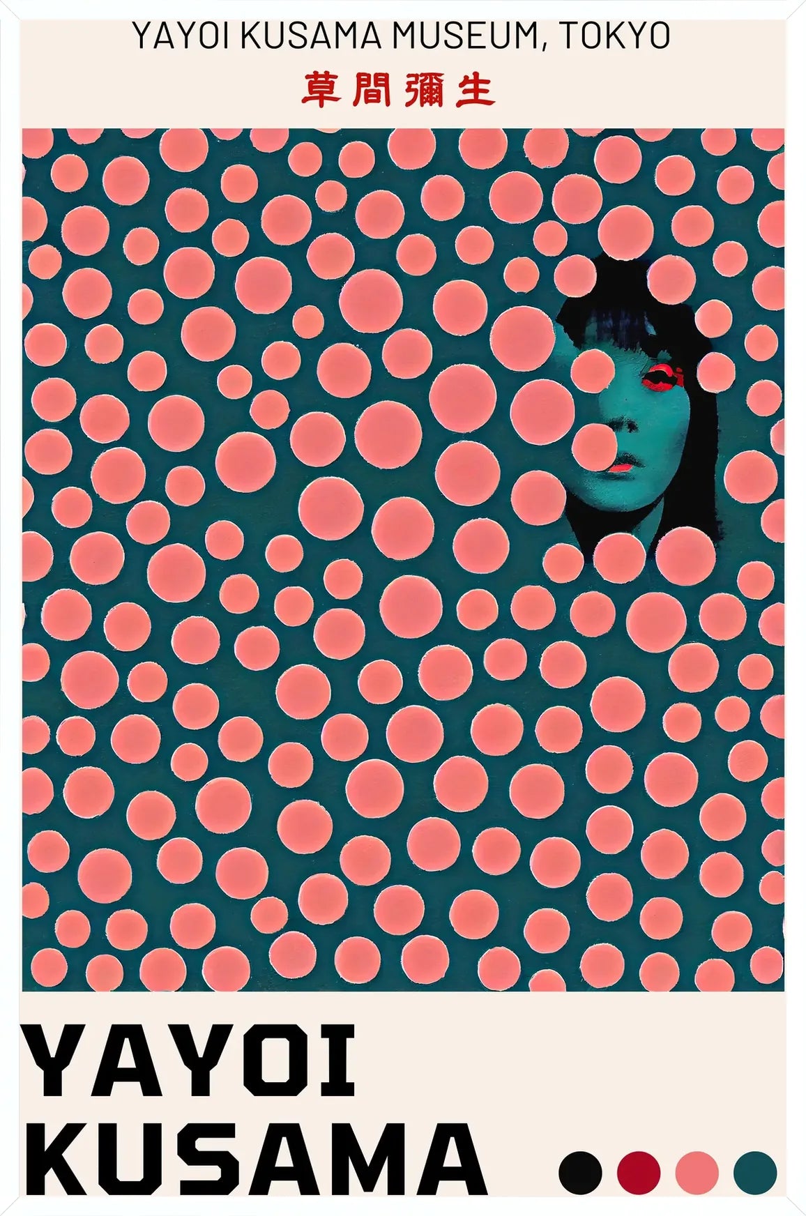 Cadre blanc epure presentant l'affiche pois corail de Kusama