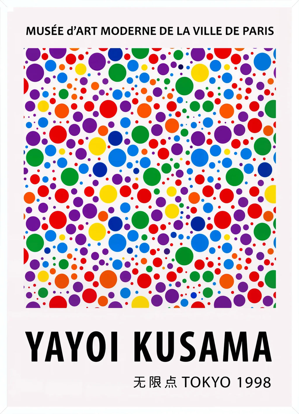 Cadre blanc epure presentant l'affiche pois multicolores de Kusama