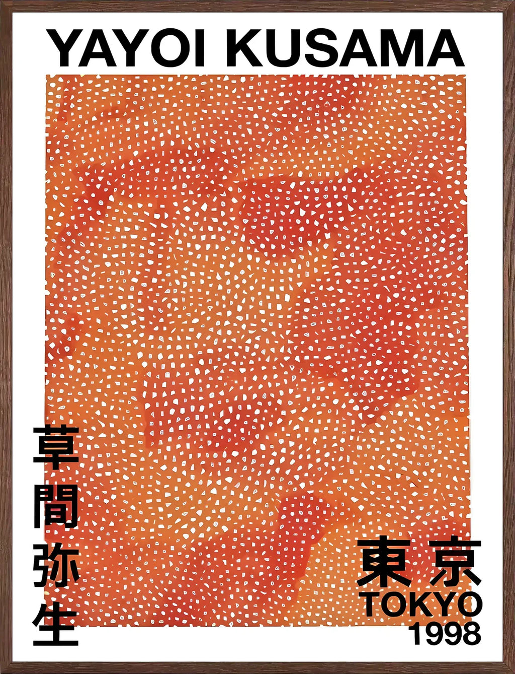 Cadre chene clair entourant l'affiche pois orange de Kusama