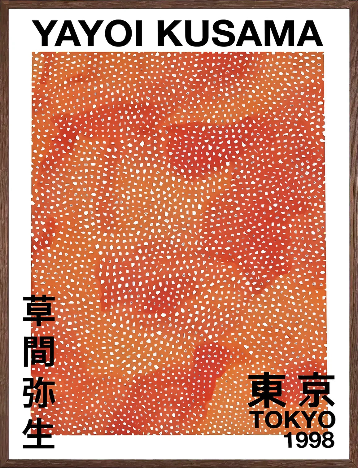 Cadre chene clair entourant l'affiche pois orange de Kusama