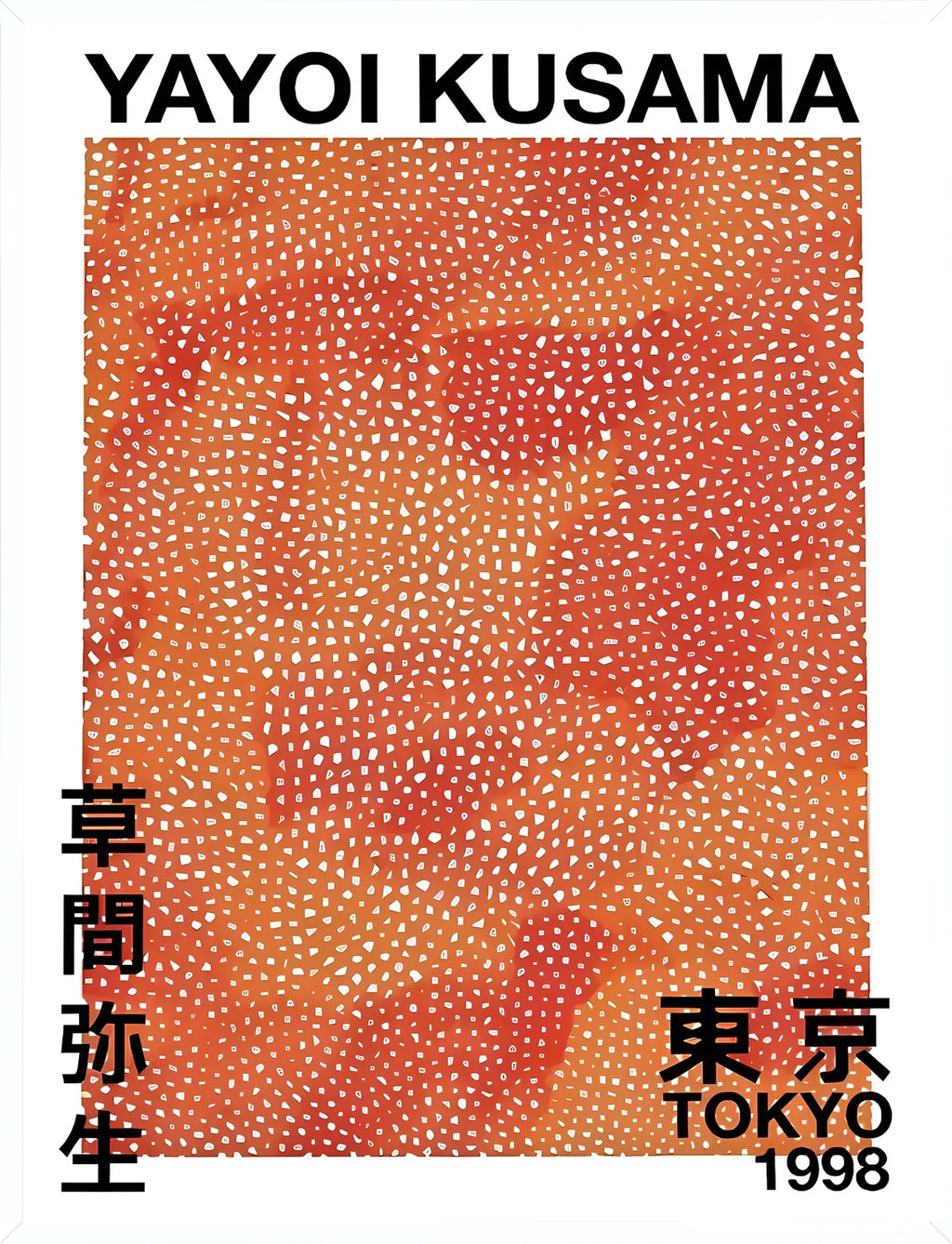 Cadre blanc epure presentant l'affiche pois orange de Kusama