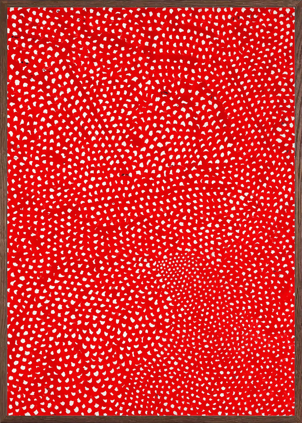 Cadre chene clair entourant l'affiche pois rouge et blanc de Kusama