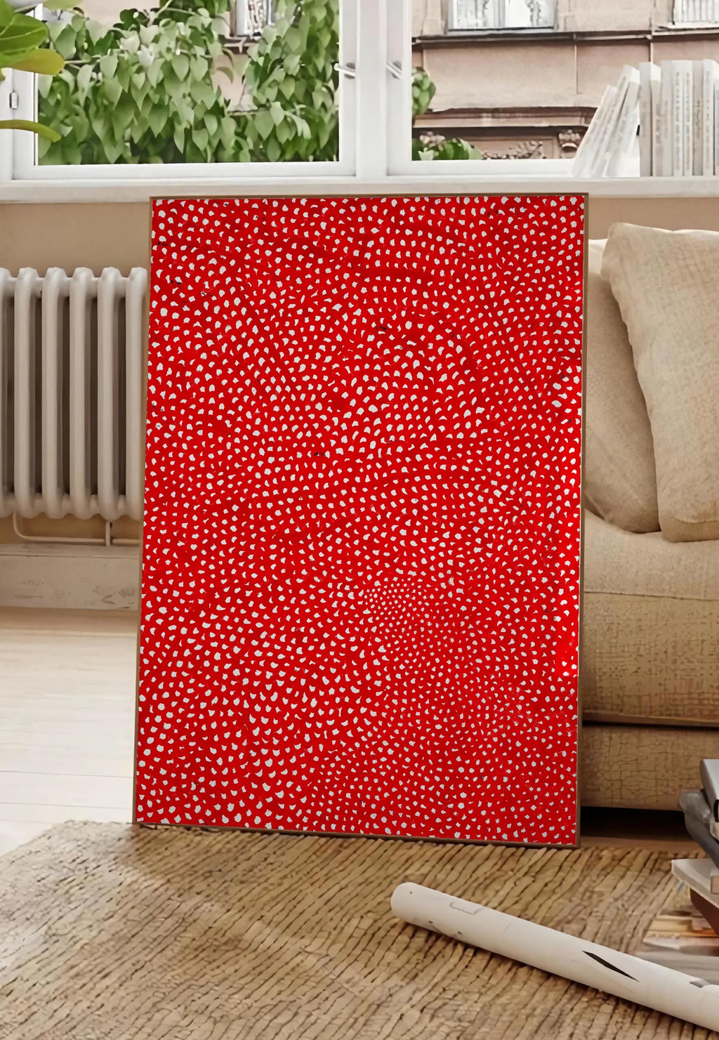 Poster affiche pois rouge et blanc de Kusama art japonais, posee au sol dans un salon parisien, devant une grande fenetre donnant sur un immeuble haussmannien, entre un ficus et un canape creme