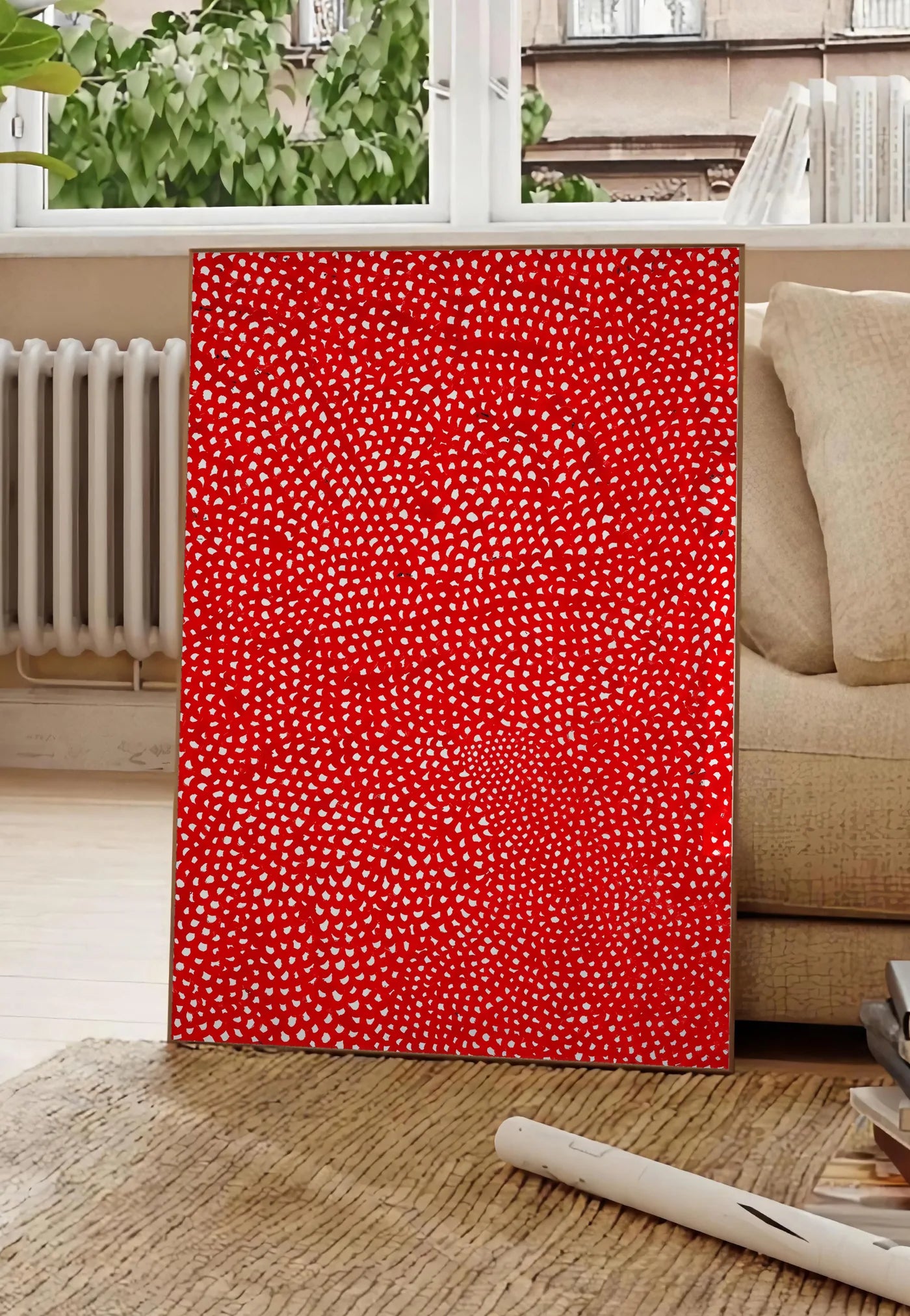 Poster affiche pois rouge et blanc de Kusama art japonais, posee au sol dans un salon parisien, devant une grande fenetre donnant sur un immeuble haussmannien, entre un ficus et un canape creme