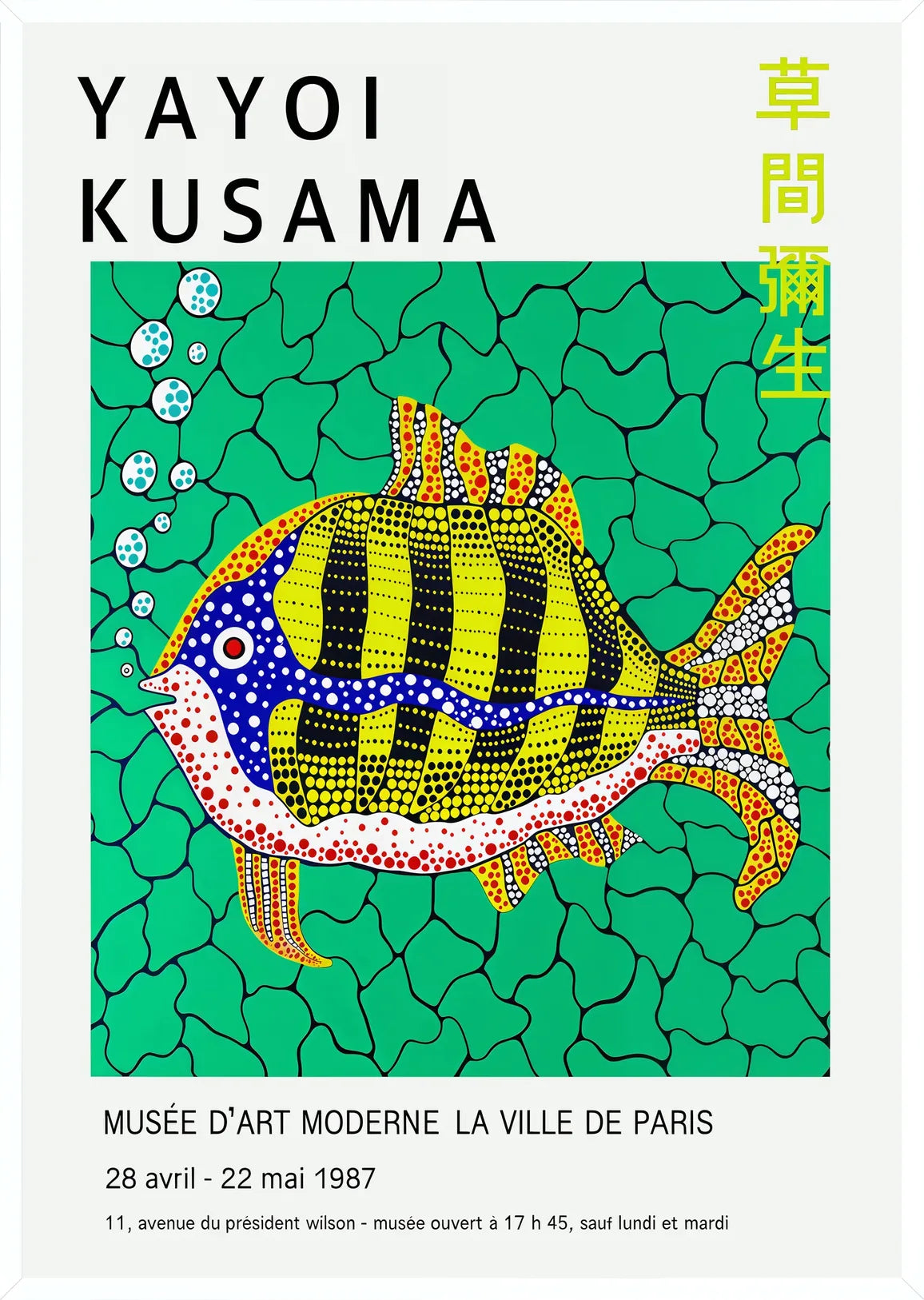 Cadre blanc epure presentant l'affiche poisson a pois de Kusama