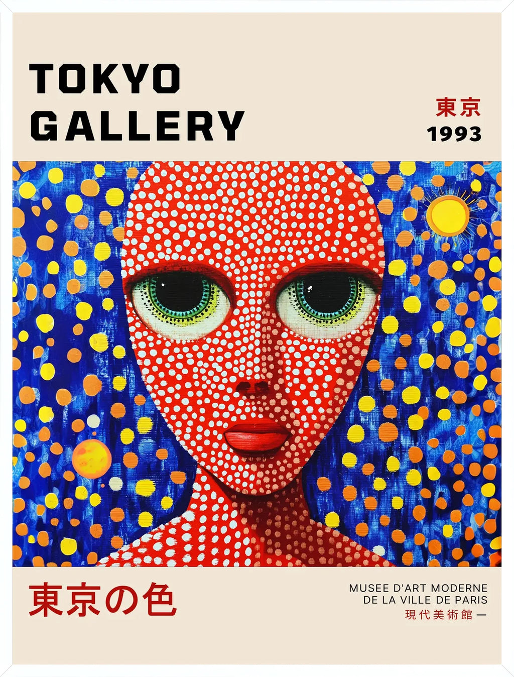 Cadre blanc epure presentant l'affiche visage de femme a pois de Kusama