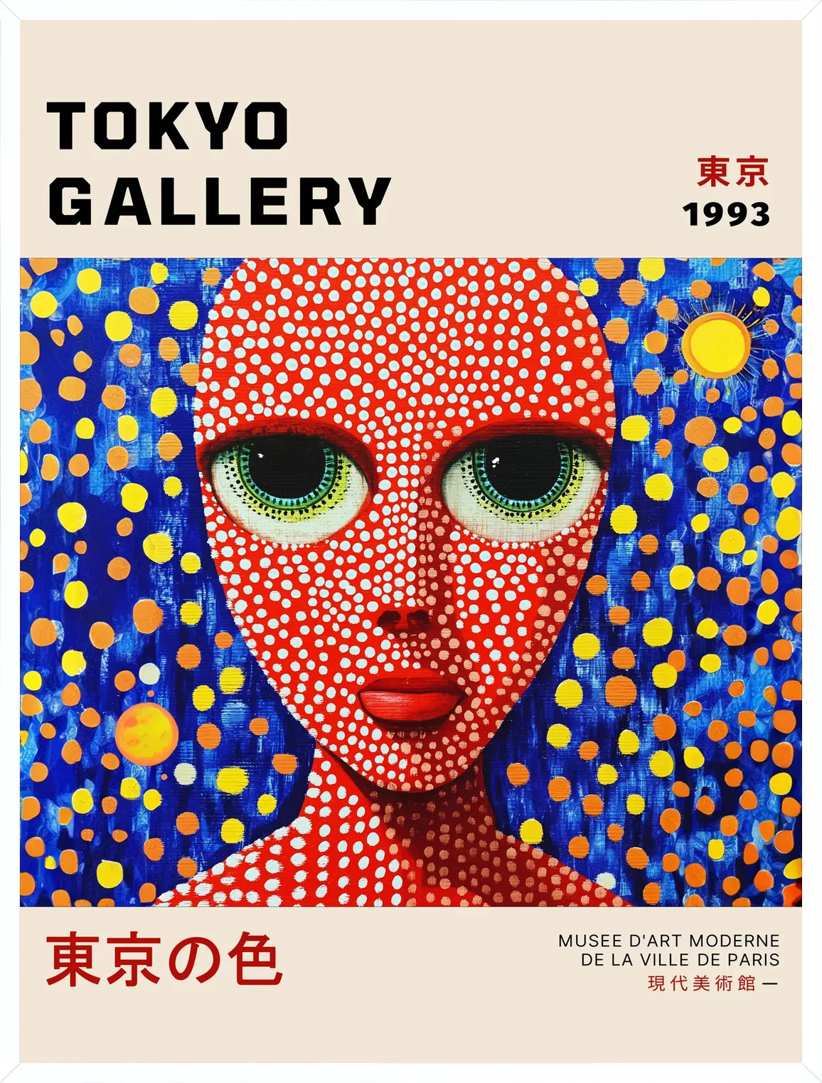 Cadre blanc epure presentant l'affiche visage de femme a pois de Kusama