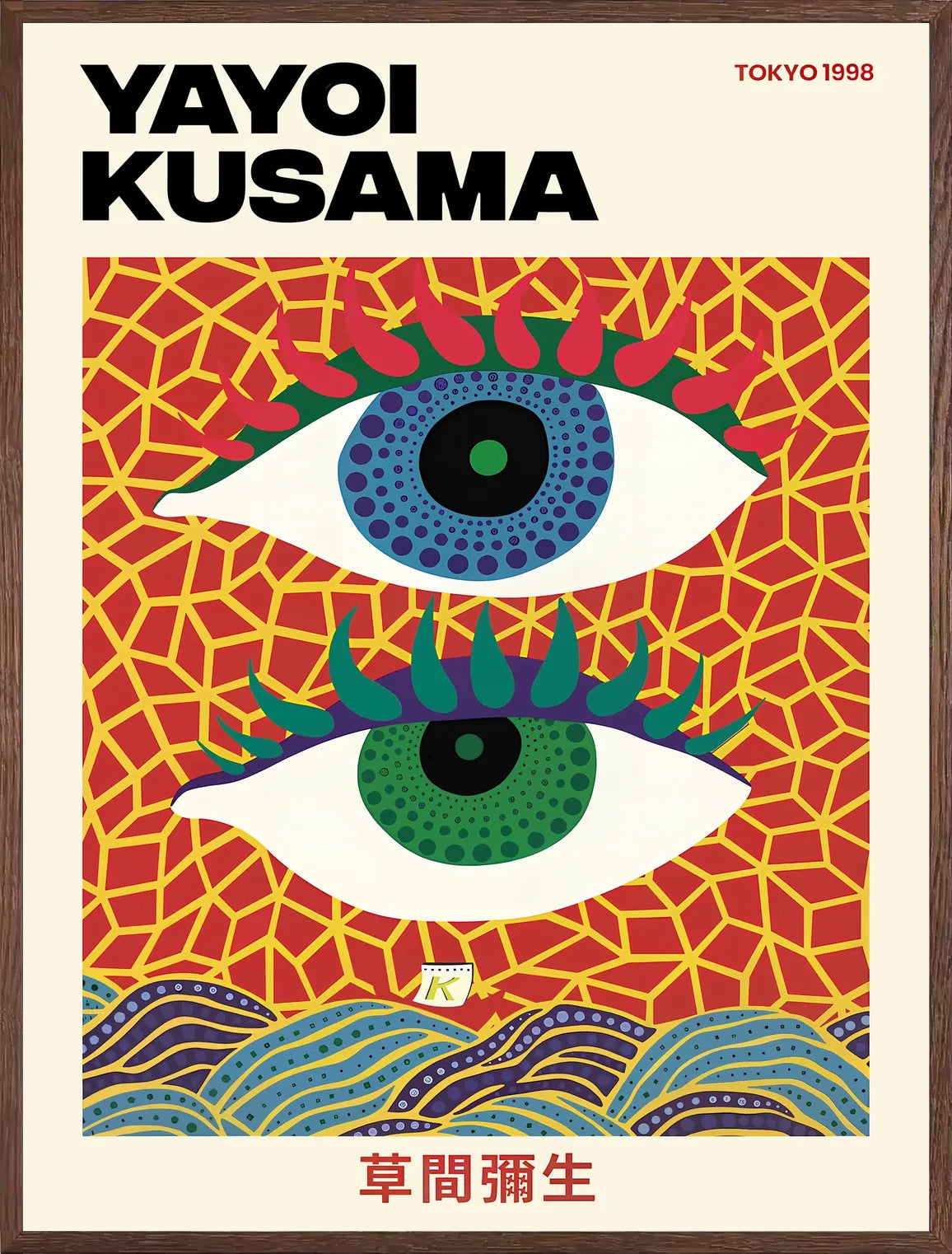Cadre chene clair entourant l'affiche yeux a pois de Kusama