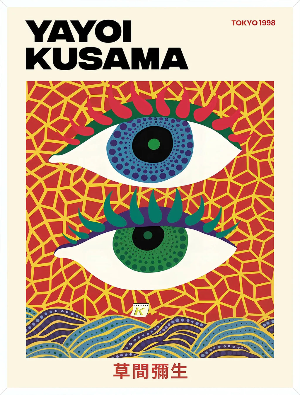 Cadre blanc epure presentant l'affiche yeux a pois de Kusama