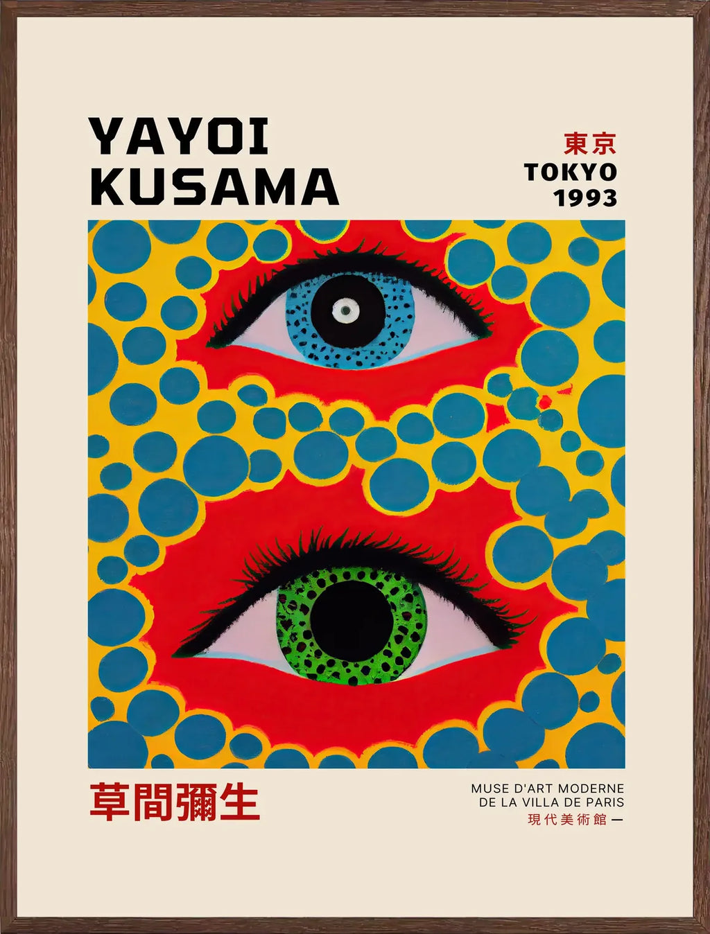Cadre chene clair entourant l'affiche yeux a pois jaune de Kusama