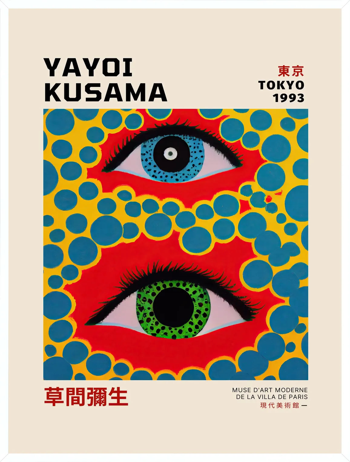 Cadre blanc epure presentant l'affiche yeux a pois jaune de Kusama