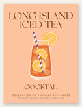 Affiche cocktail Long Island Iced Tea, verre ambre, citrons et paille rayee sur peche