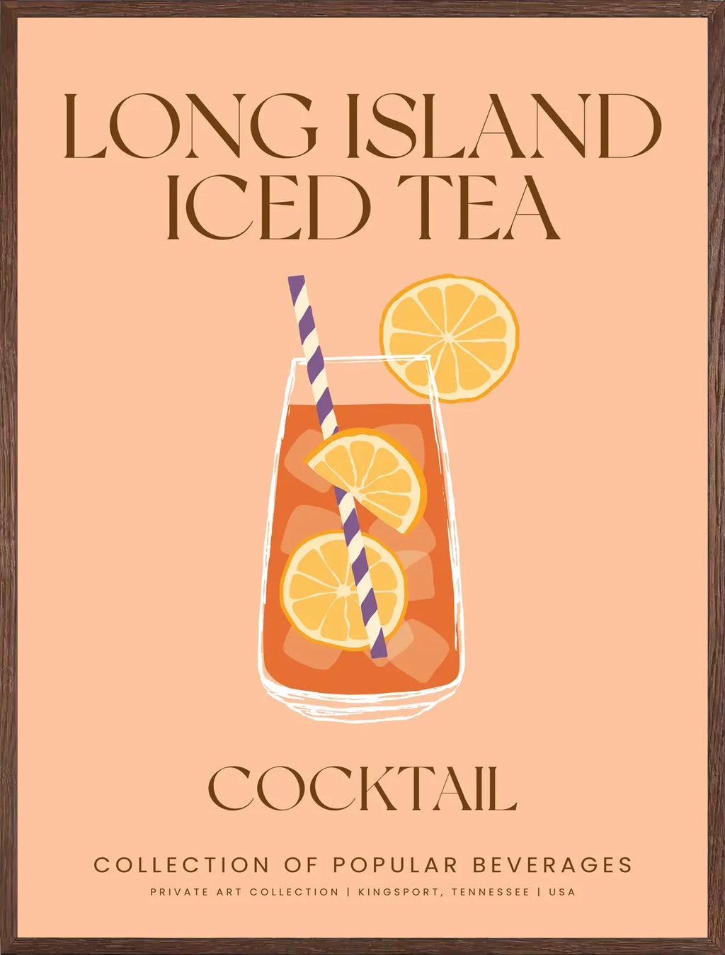 Cadre chene clair entourant l'affiche long island iced tea peche et orange
