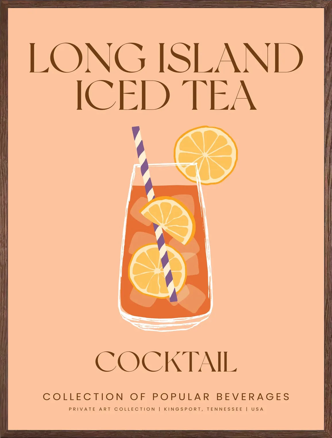 Cadre chene clair entourant l'affiche long island iced tea peche et orange