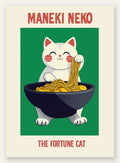 Affiche Maneki Neko chat porte-bonheur tirant un fil de ramen d'un grand bol noir