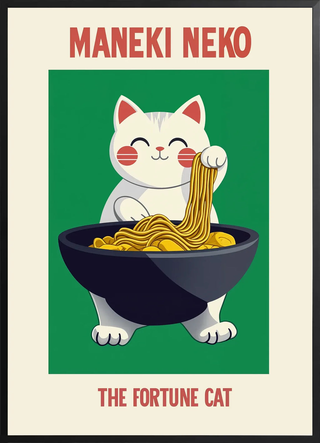 Encadrement noir mat autour du chat Maneki Neko et du grand bol de ramen