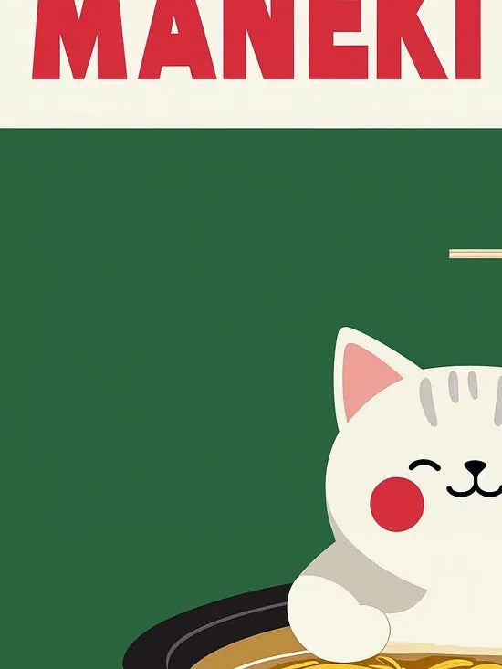 Gros plan sur le chat Maneki Neko et la baguette de nouilles dorees