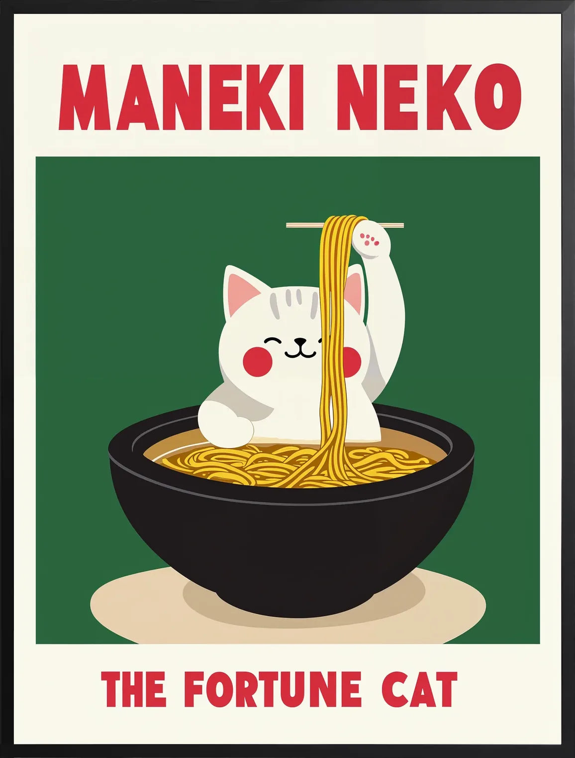 Encadrement noir mat autour du chat Maneki Neko et de sa baguette de ramen