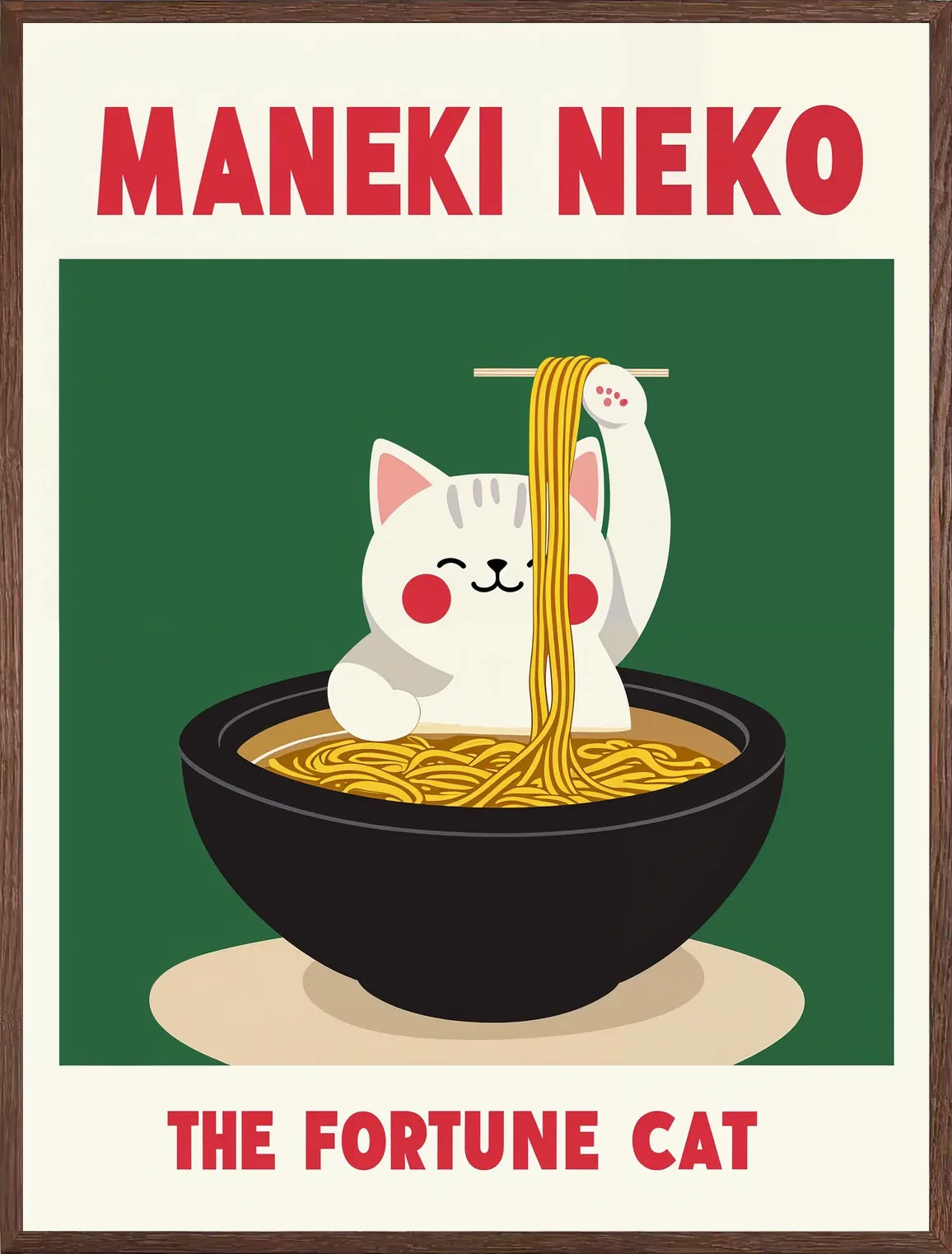 Cadre chene clair entourant l'affiche Maneki Neko ramen aux baguettes