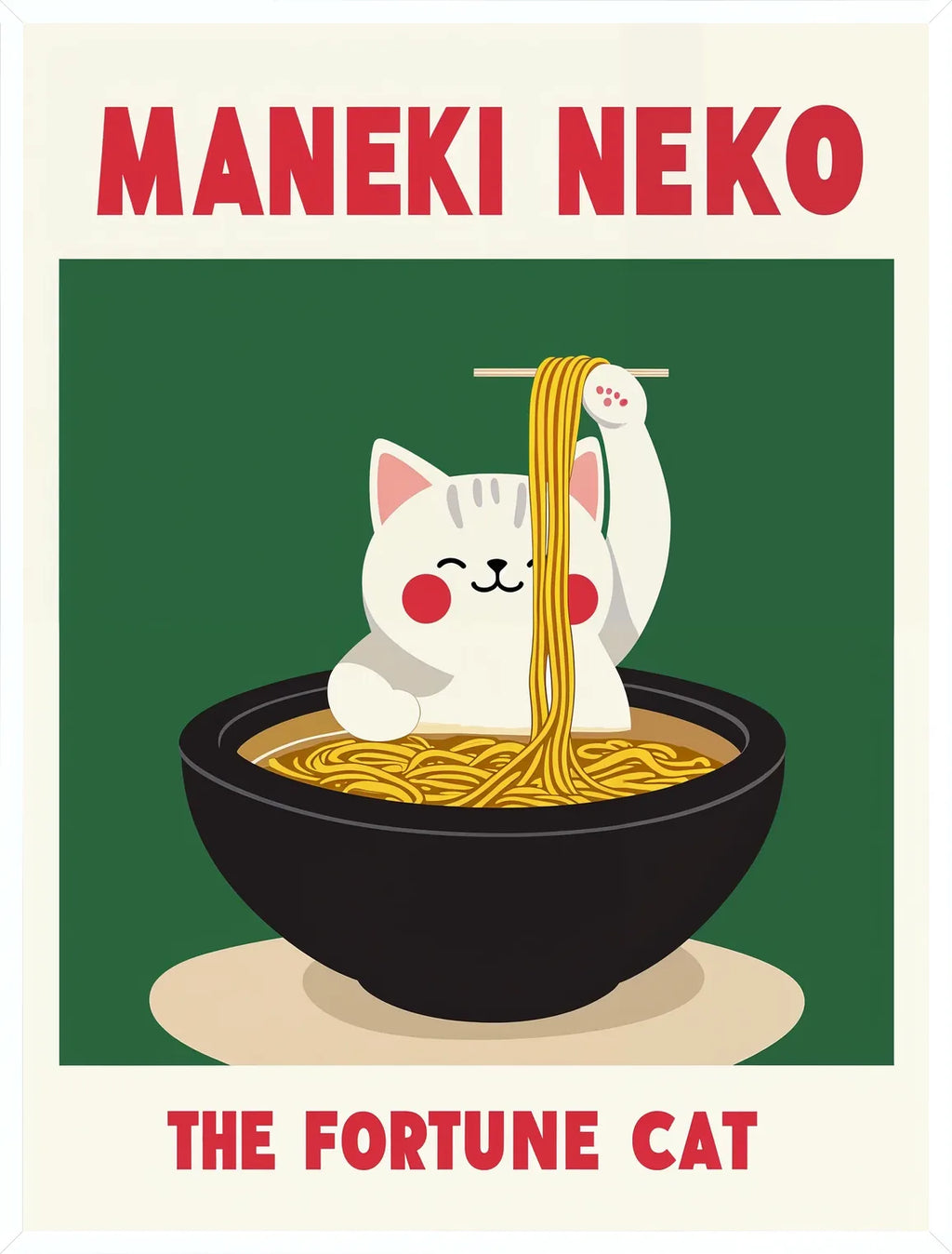 Cadre blanc epure presentant l'affiche Maneki Neko ramen kawaii