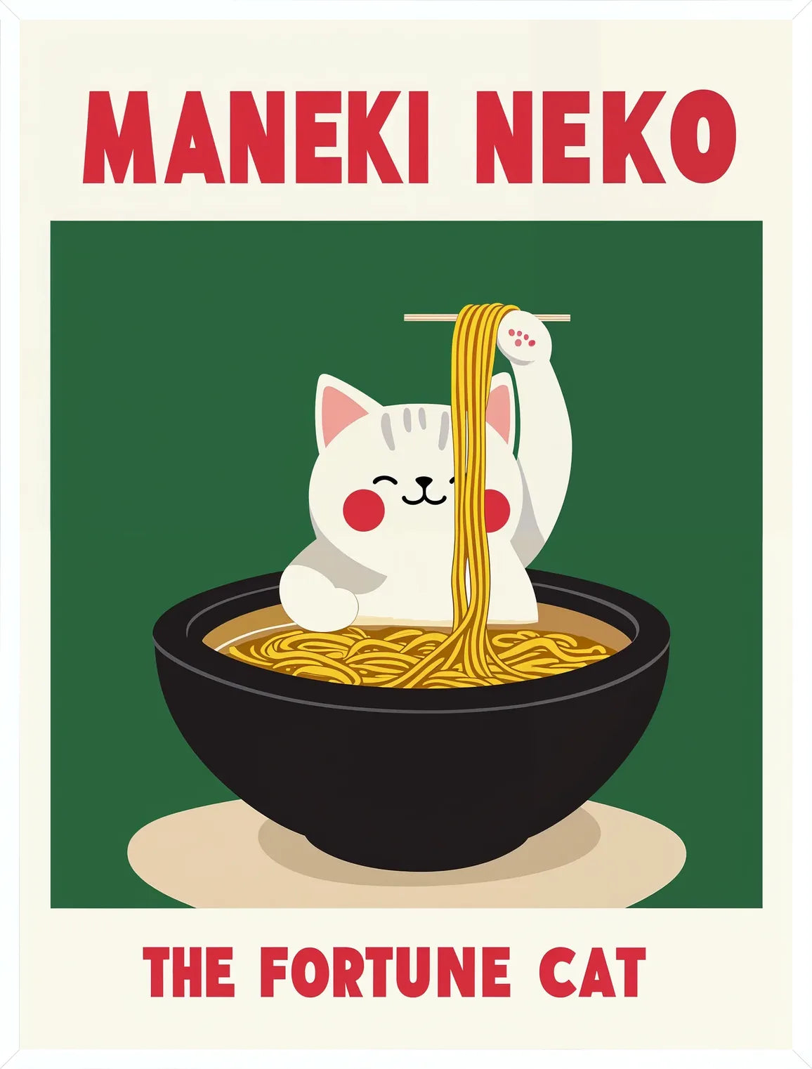 Cadre blanc epure presentant l'affiche Maneki Neko ramen kawaii