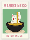 Affiche Maneki Neko chat et ramen sur fond vert sauge, titre rose kawaii