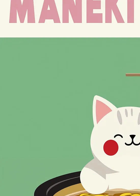 Gros plan sur le chat Maneki Neko et les nouilles de ramen dorees