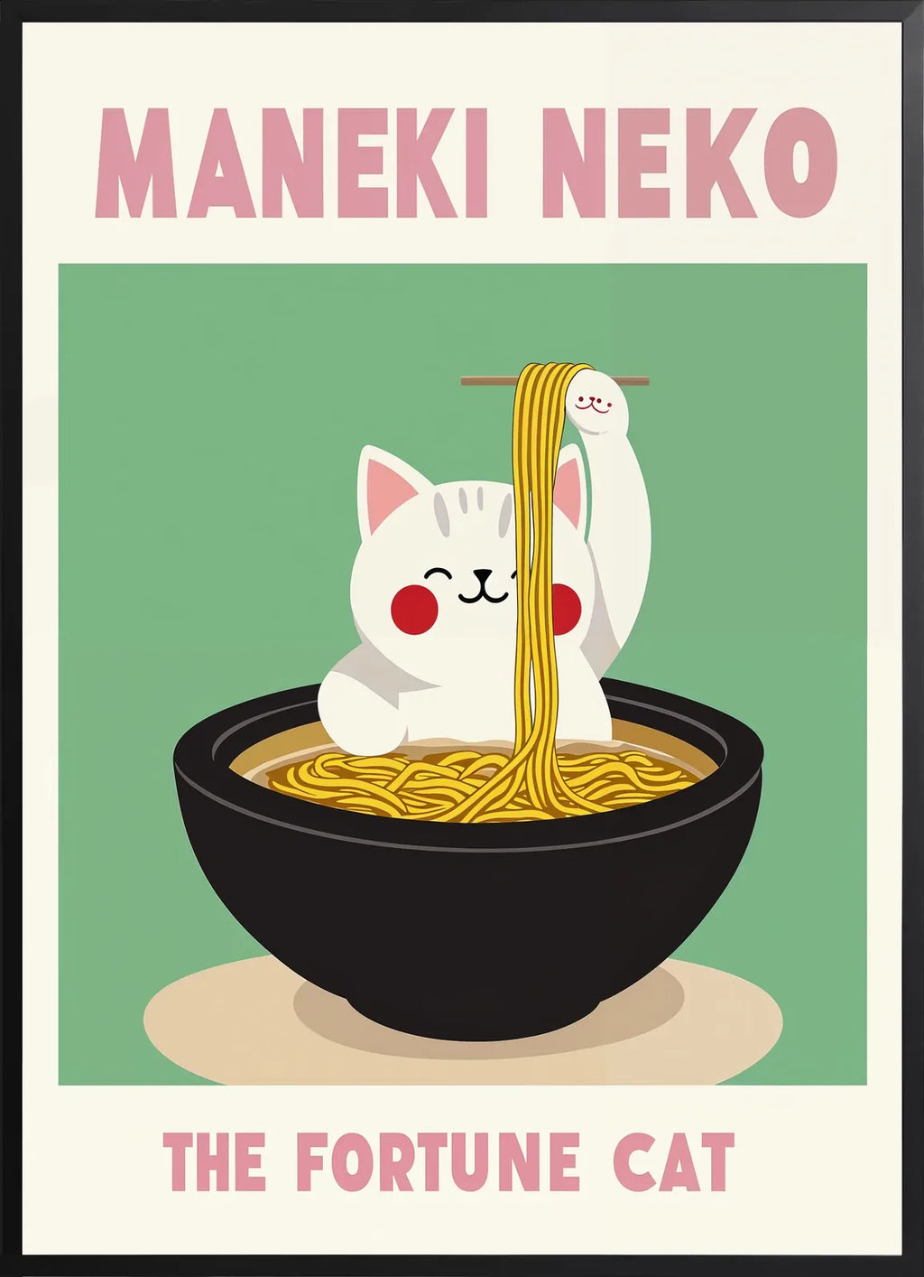 Encadrement noir mat autour du chat Maneki Neko et du bol de ramen