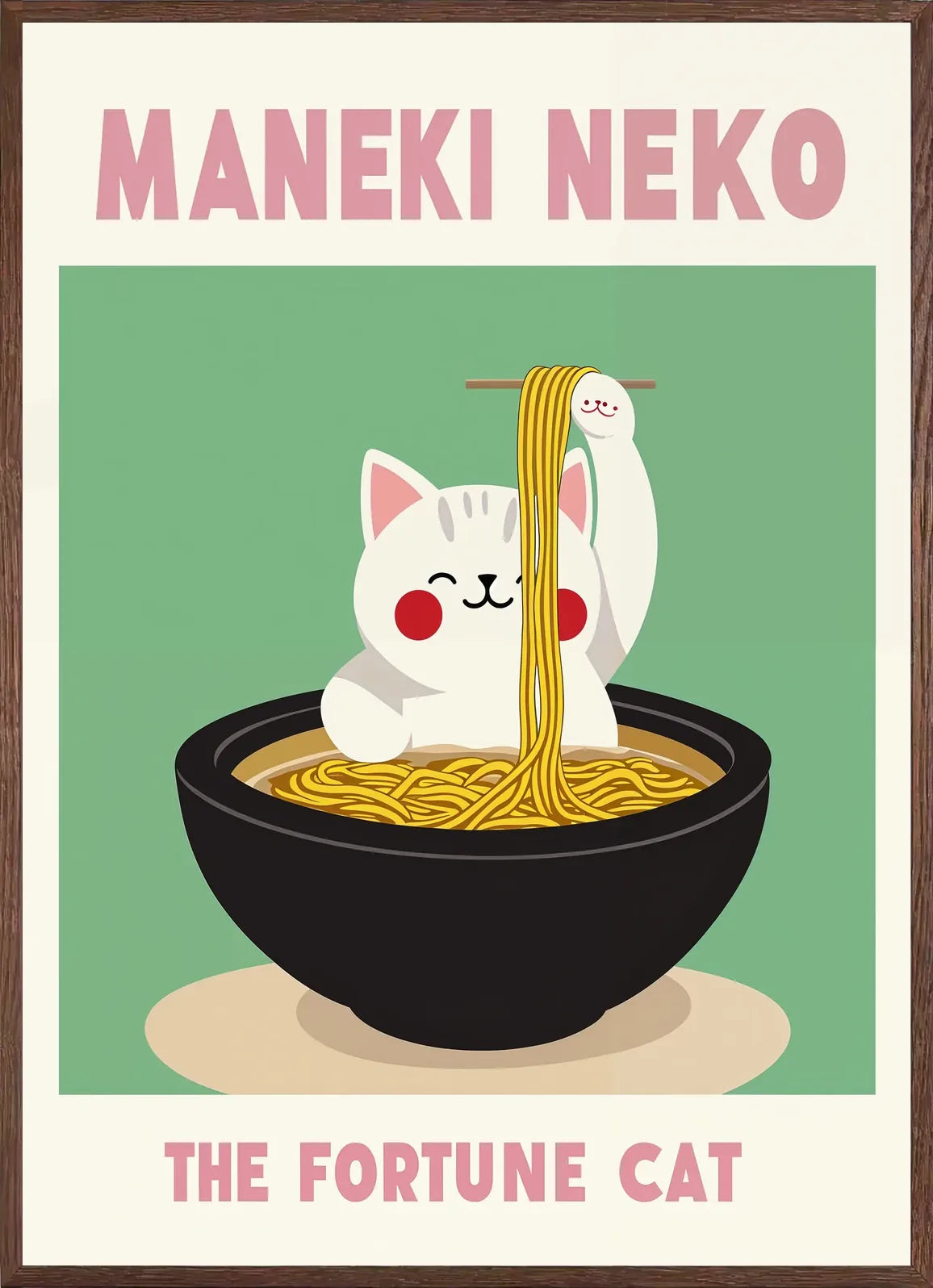 Cadre chene clair entourant l'affiche Maneki Neko ramen titre rose