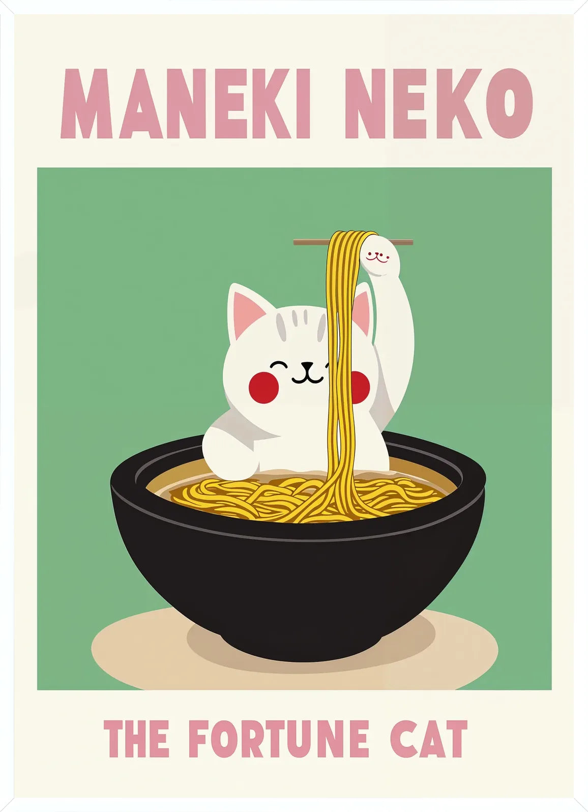 Cadre blanc epure presentant l'affiche Maneki Neko ramen rose