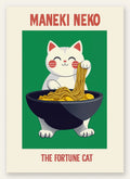 Affiche Maneki Neko chat porte-bonheur attrapant des ramen au-dessus d'un bol noir