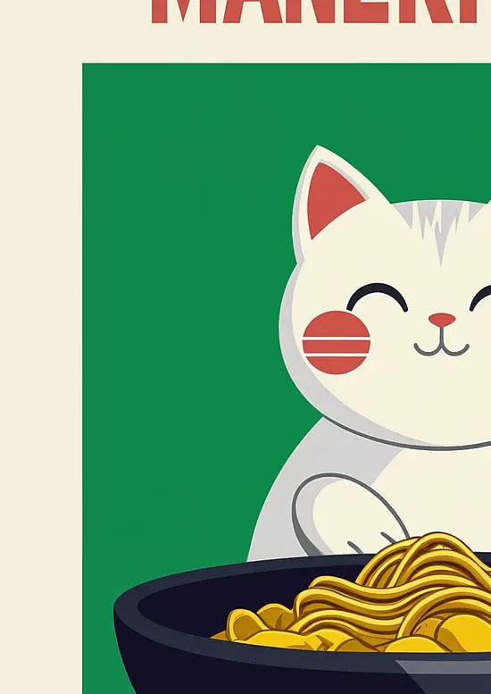Gros plan sur le chat Maneki Neko et les nouilles de ramen dorees