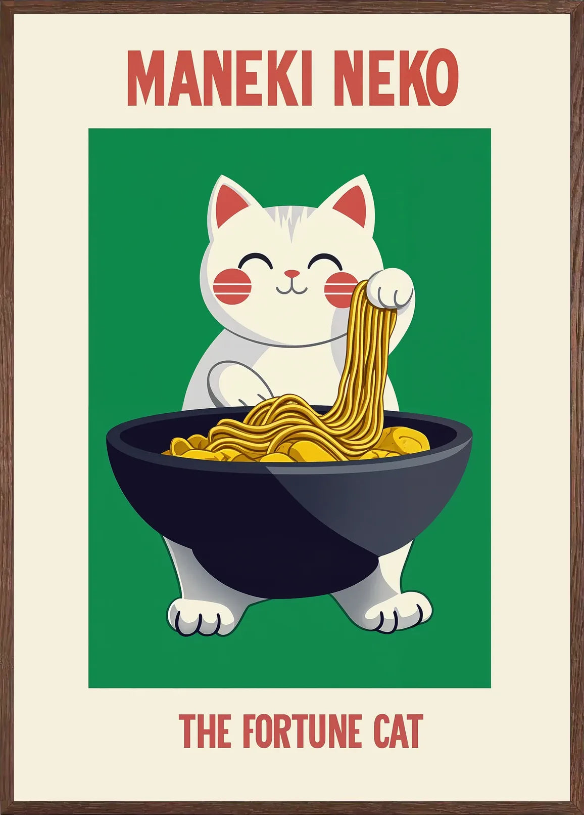 Cadre chene clair entourant l'affiche Maneki Neko ramen sur fond vert