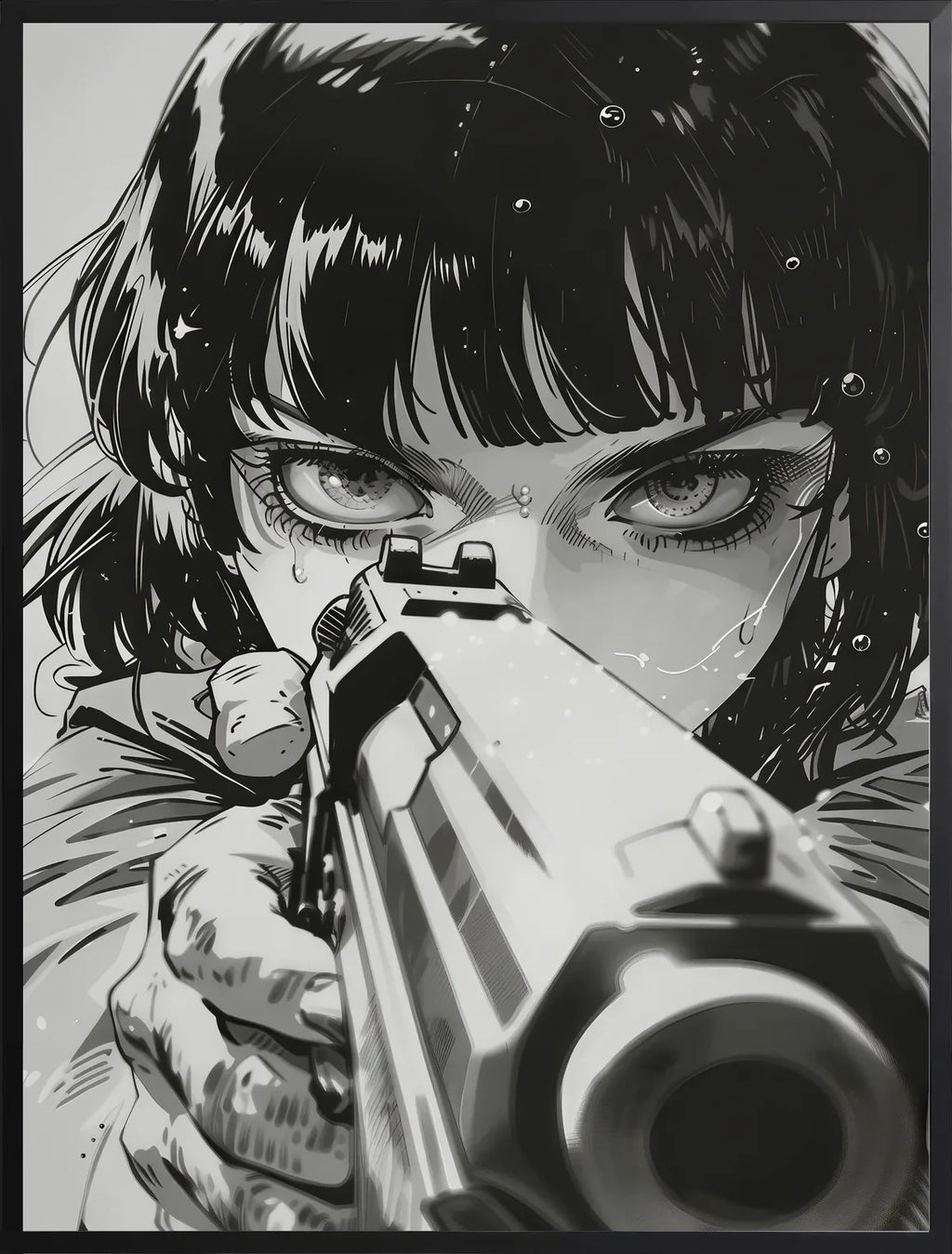 Encadrement noir mat autour de fille manga au pistolet