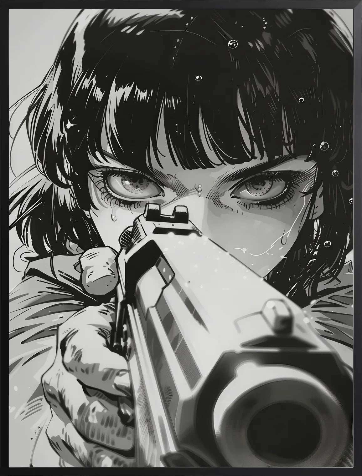 Encadrement noir mat autour de fille manga au pistolet