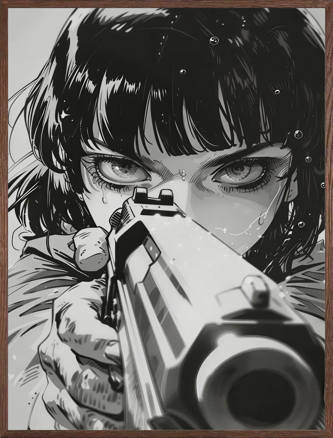 Cadre chene clair entourant l'affiche fille manga au pistolet