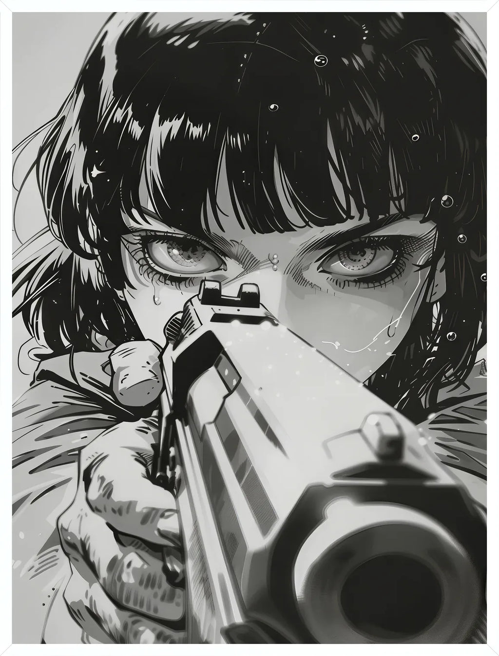 Cadre blanc epure presentant l'affiche fille manga au pistolet