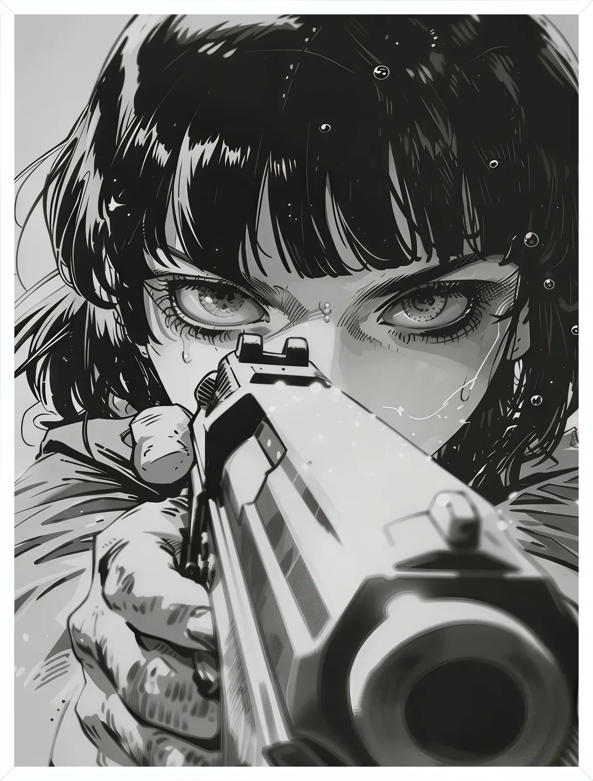 Cadre blanc epure presentant l'affiche fille manga au pistolet