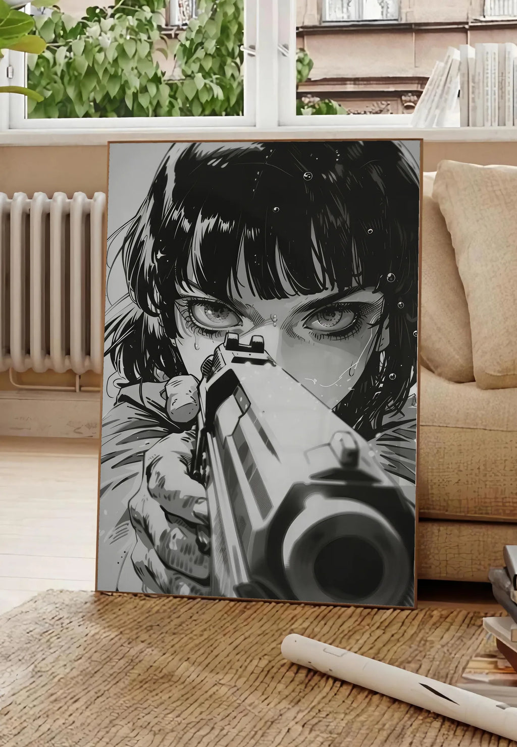 Poster affiche fille manga au pistolet art japonais, posee au sol dans un salon parisien, devant une grande fenetre donnant sur un immeuble haussmannien, entre un ficus et un canape creme