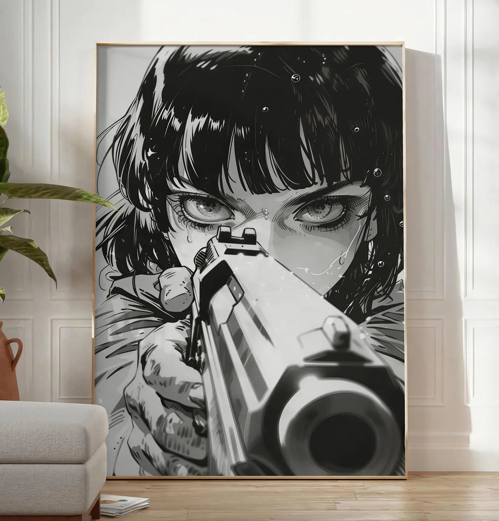 Reproduction affiche fille manga au pistolet art japonais, posee au sol dans un salon minimaliste clair, a cote d'un canape beige et d'une plante verte, sur un parquet clair