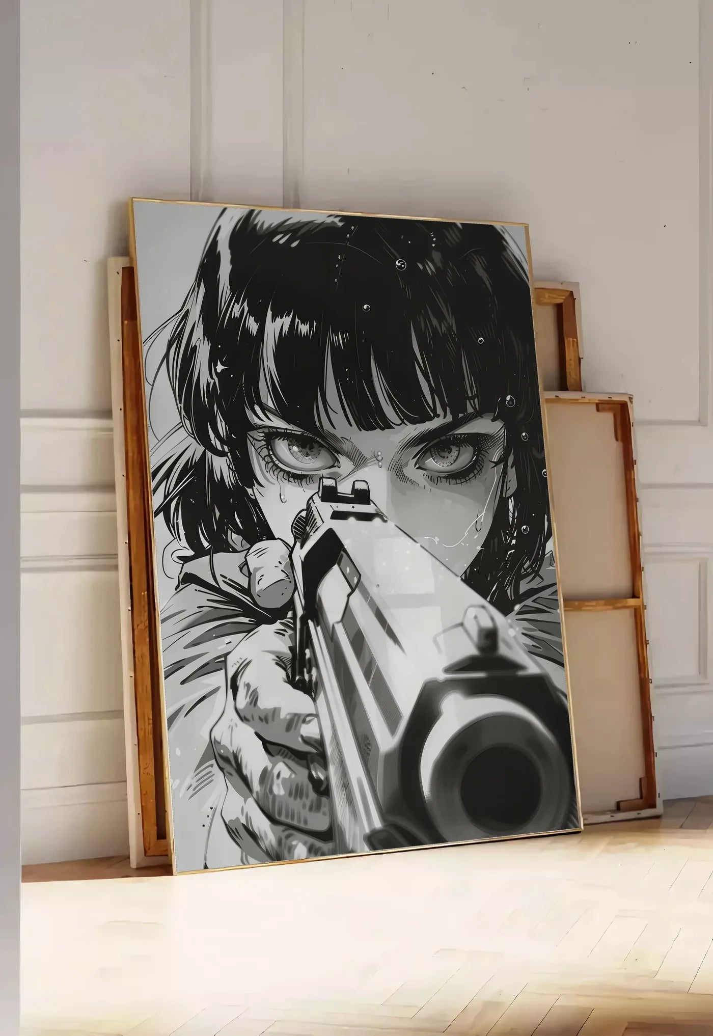 Tirage encadrable affiche fille manga au pistolet art japonais, posee au sol dans une entree lumineuse, contre un mur a panneaux blancs, a cote de chassis en bois empiles