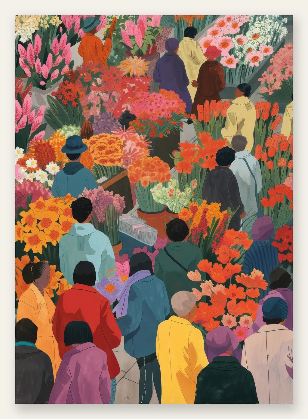 Affiche marche aux fleurs colore art japonais