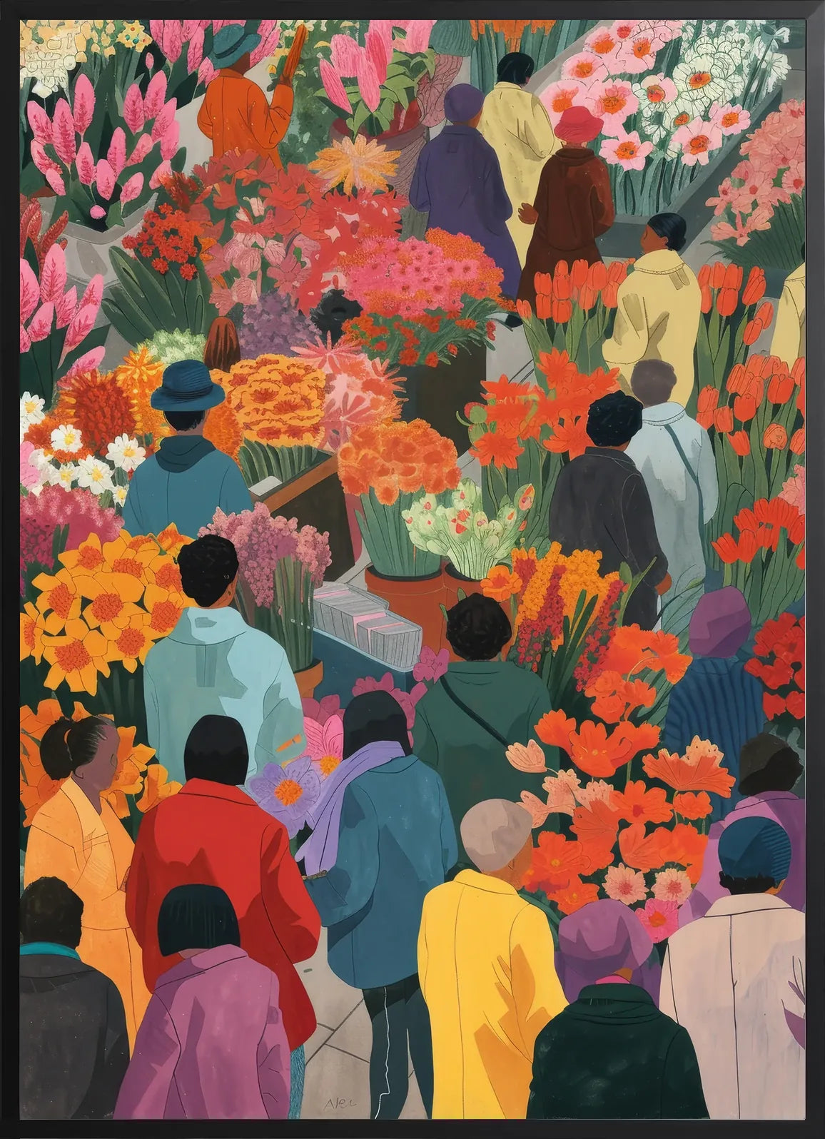 Encadrement noir mat autour de marche aux fleurs colore