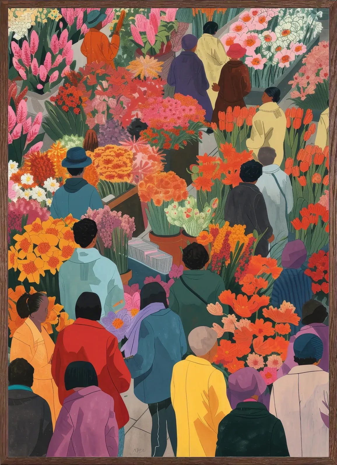 Cadre chene clair entourant l'affiche marche aux fleurs colore