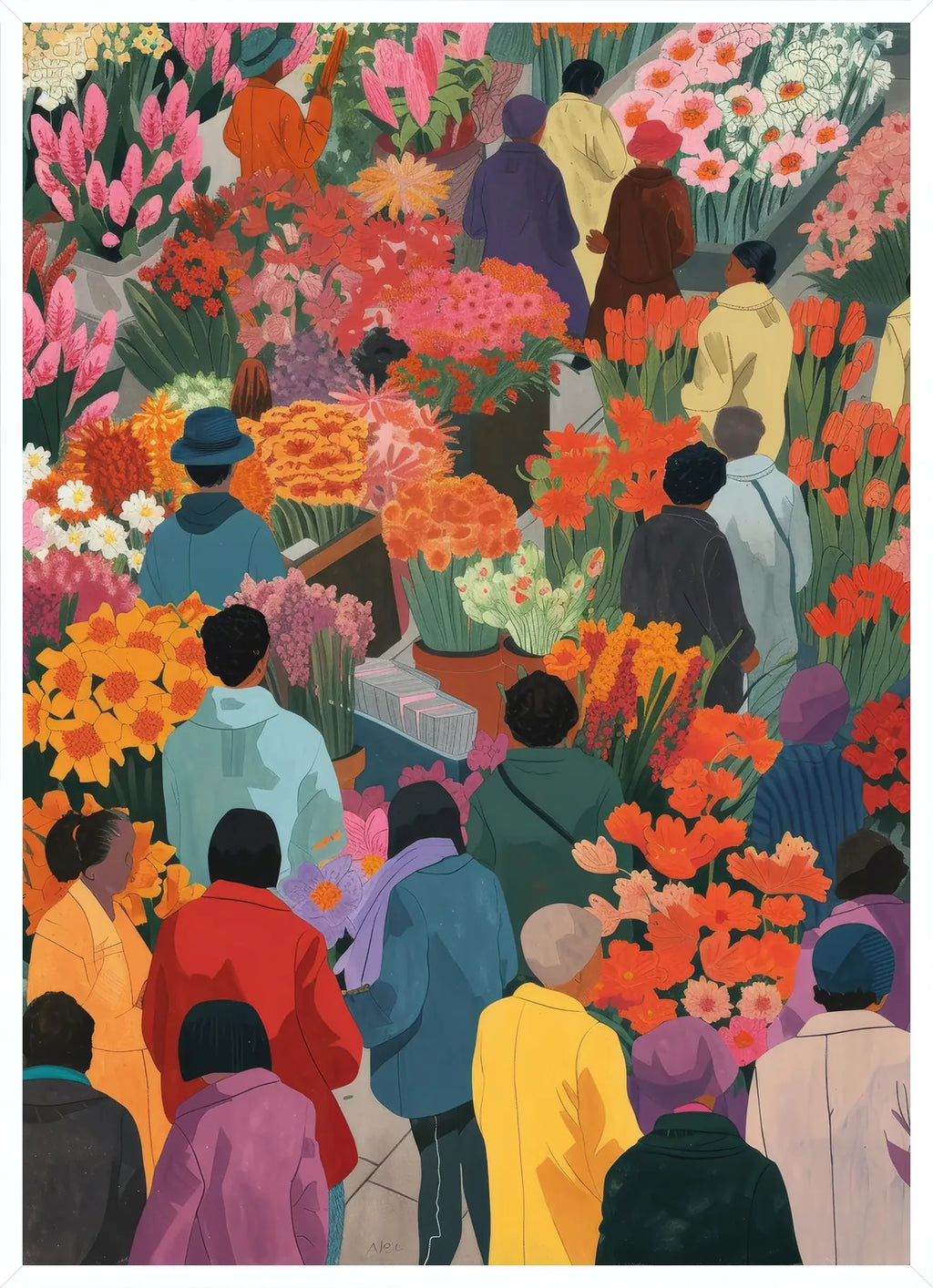 Cadre blanc epure presentant l'affiche marche aux fleurs colore